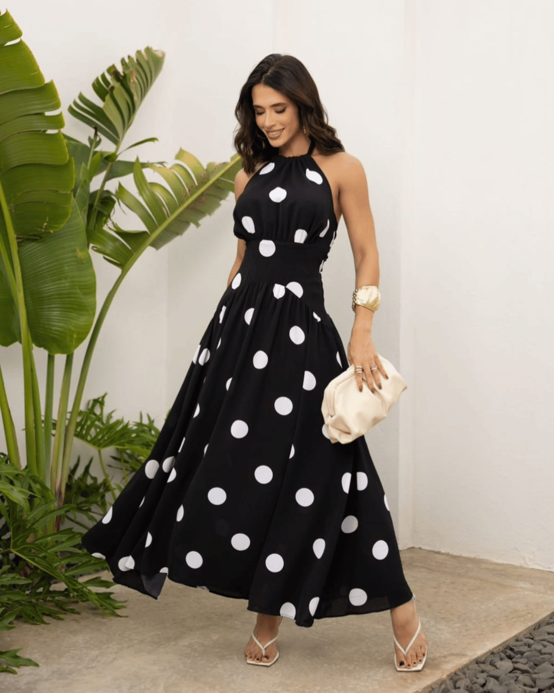 Vestido Longo Poá Frente Única