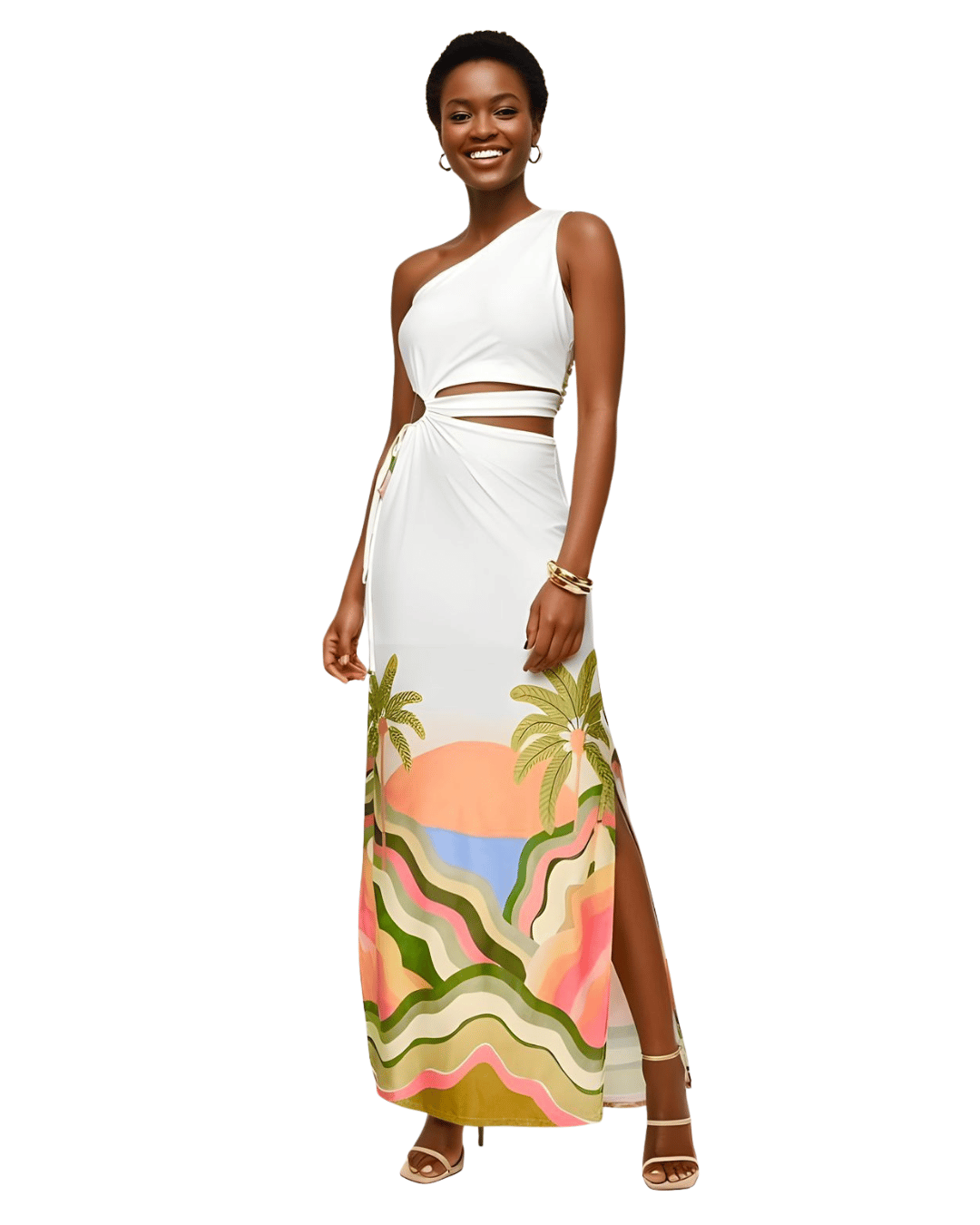 Vestido Branco Estampa Tropical Ombro Único